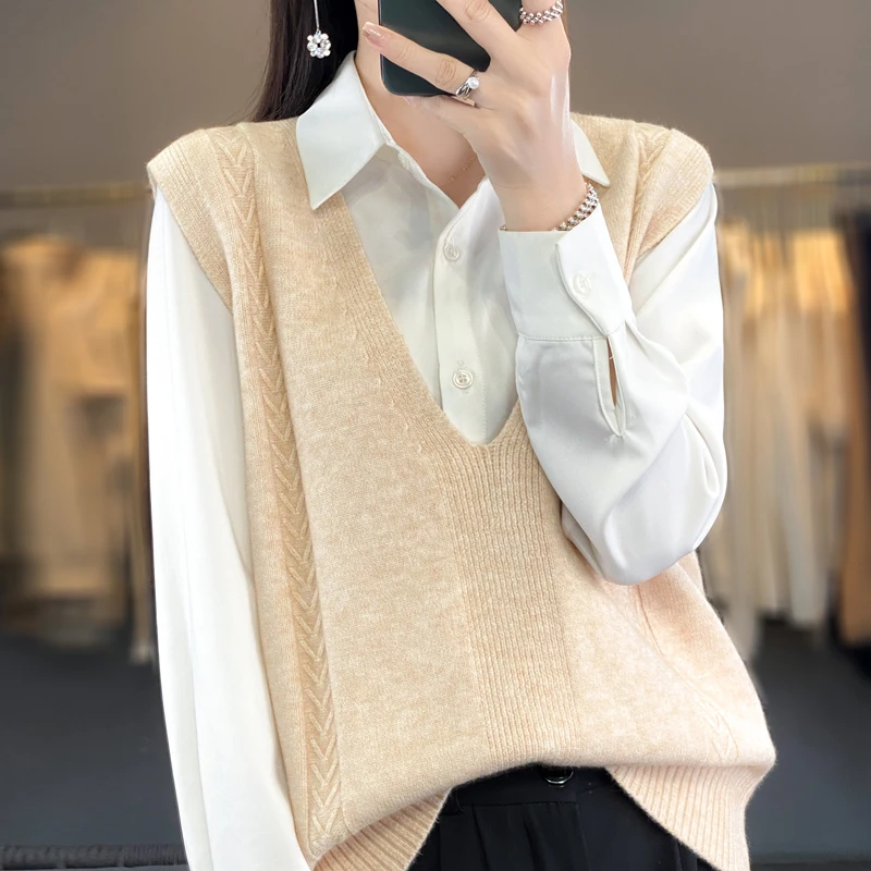 

2023 Fall Winter New Wool Knit Vest Women's V-Neck Sleeveless Pullover Solid Color Hollow Braid Loose Casual Outer Knit Vest Top