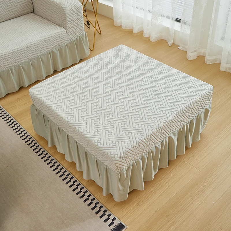 Solid Color Ottoman Cover Elastic Jacquard Footstool Covers with Skirt All-inclusive Footrest Slipcovers for Living Room Decor