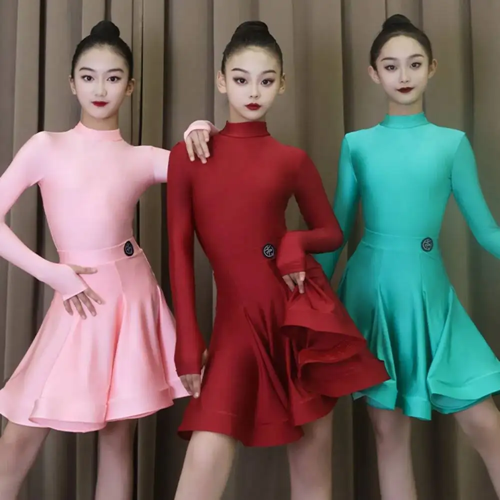 

high neck Turtleneck latin american dance dress girls cha cha samba kids Child ballroom competition costume practice wear Child