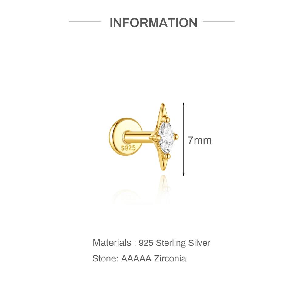 Aide 925 Sterling Silver Mini Star Moon Zircon Flat Head Piercing Ear Bone Nails Chain Flower Stud Earrings Women Ins Earring