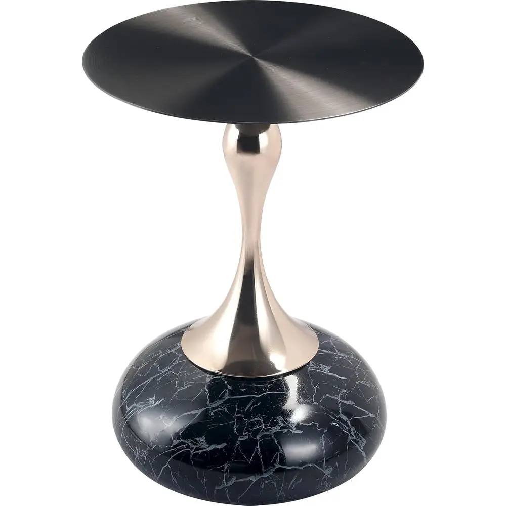Muji Style Stainless Steel Round Accent Table with Gold Stem and black top in a warm minimalist Japandi interior
