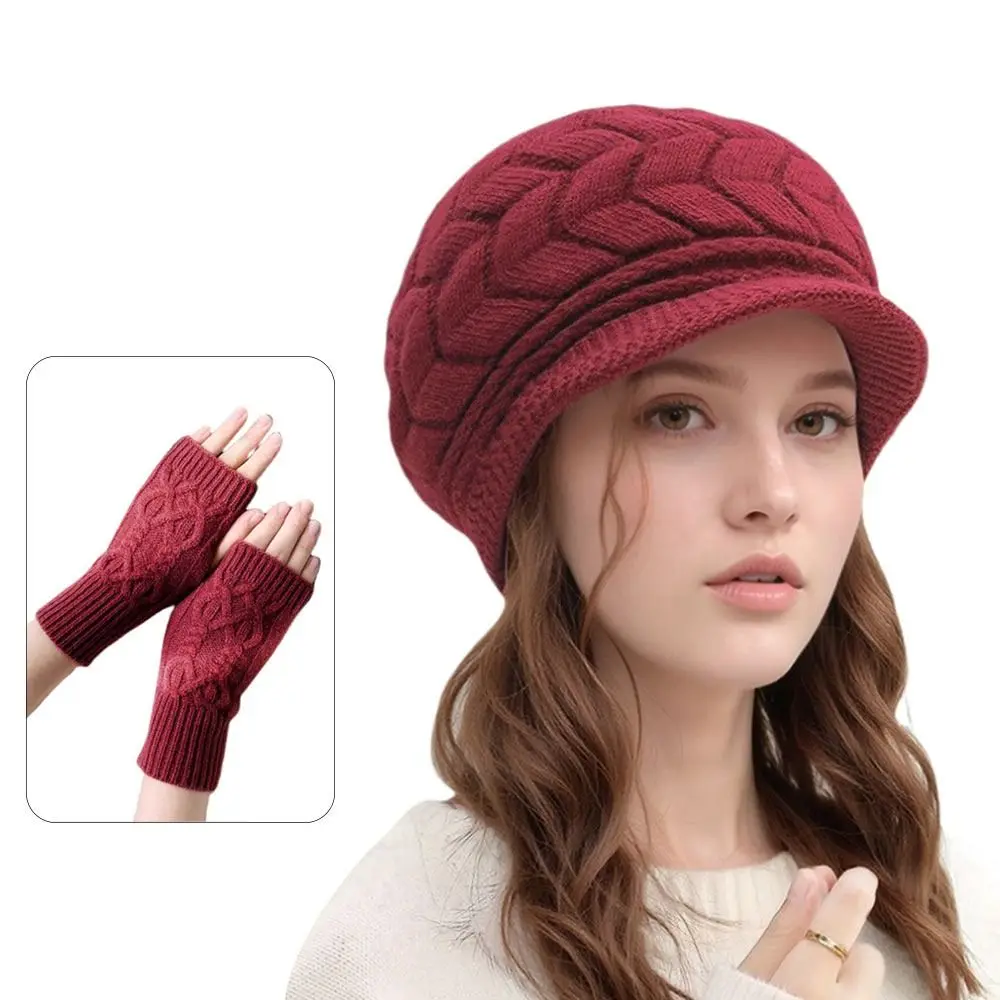 2 unids/set de gorros de lana de invierno para mujer, conjunto de guantes cálidos con protección para los oídos, gorro tejido a prueba de viento, gorro suave, guantes para exteriores