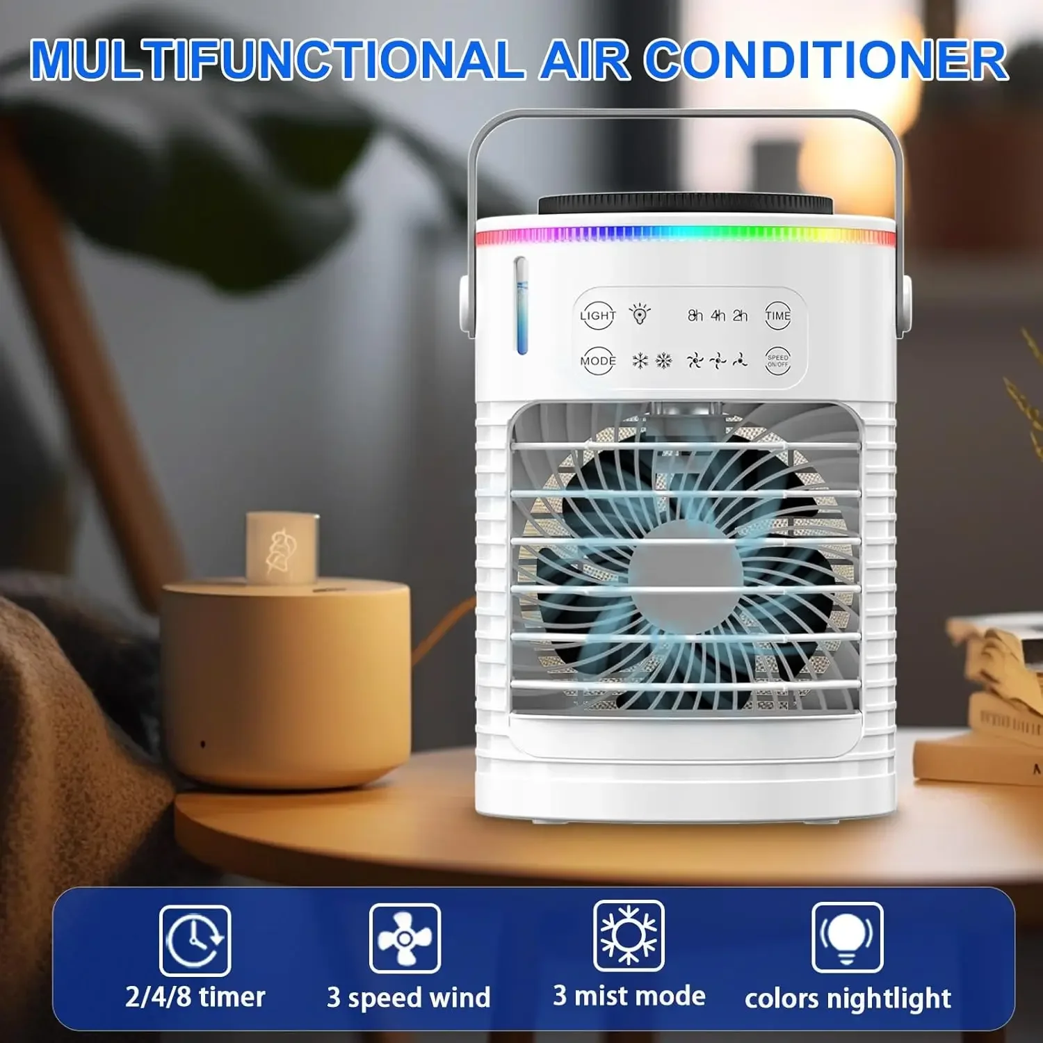 Mini ventilador evaporativo do condicionador de ar, 3 velocidades, 2 e 3 opções do temporizador, 7 cores luz noturna para refrigerar pessoal do ar