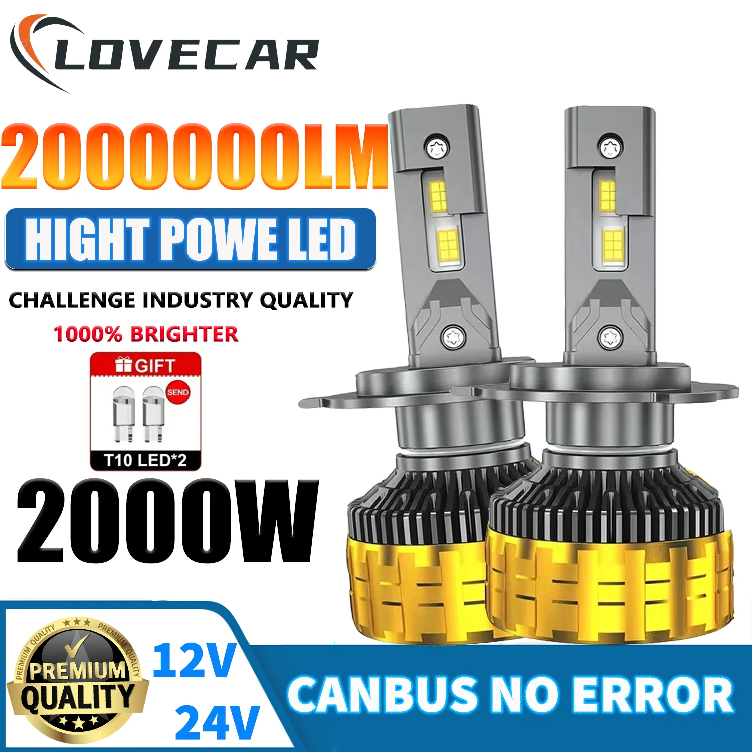 LOVECAR 2000W H7 H4 H11 LED CANBUS Lamp Super Double Copper Tube IP68 12v 24v HB4 H11 H4 H1 9012 HB3 9005 9006 H8 Lights