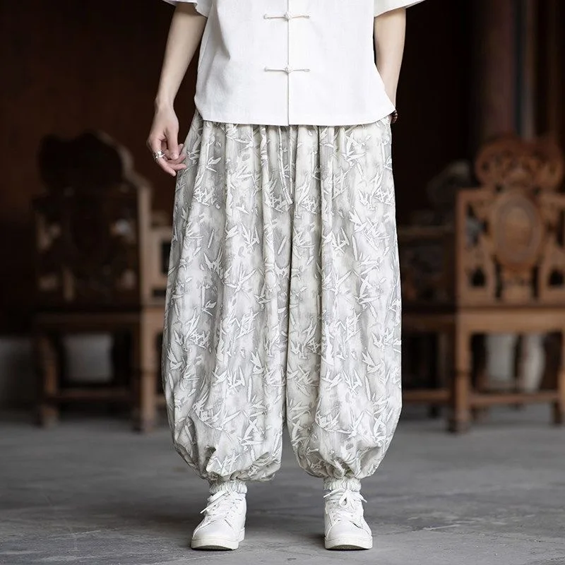 Men Bamboo Leaves Print Tie Dye Bloomers Harem Pants Male Wide Leg Loose Trendy Chinese Style Trousers Summer Thin Sweatpants