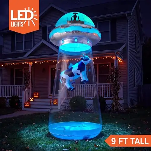 9 FT Tall Halloween Inflatable UFO Outdoor Decorations, Halloween Blow Ups UFO Alien Decor for Yard Decoration with LEDs for
