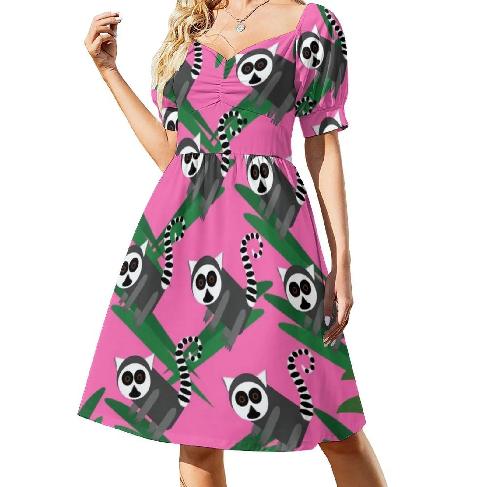 キツネザル柄ピンクの恋人ネックラインドレスエレガントなサマーパーティードレス女性のためのキツネザルキツネザルベビーキツネザルメンデブルキツネザル女性