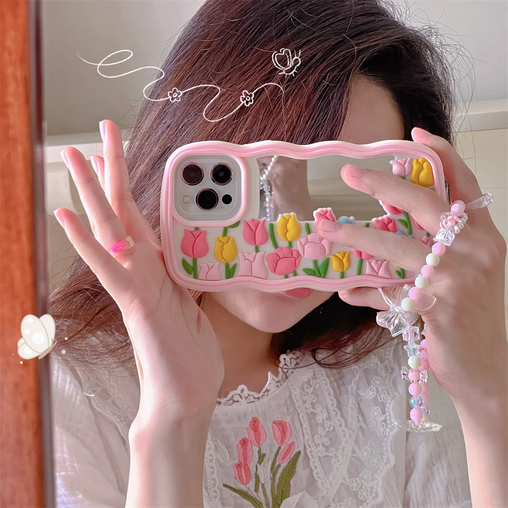 Cartoon 3D Flower Mirror Case For iPhone 13 12 11 Pro Max X Xr Xs 8 7 Plus SE Beads Wrist Chain Wave Frame Liquid Silicone Cover