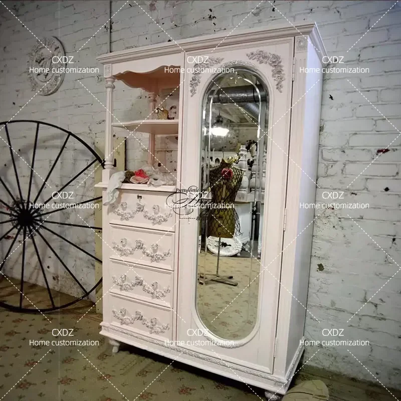 Solid wood wardrobe French retro old bedroom carved storage drawer cabinet household glass single door storage wardrobe