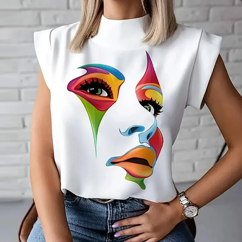 Women Fashion Abstract Colorful Face Art Printed Tops 2026 New Summer Mock Neck Cap Sleeves Casual Daily Black White T-shirts