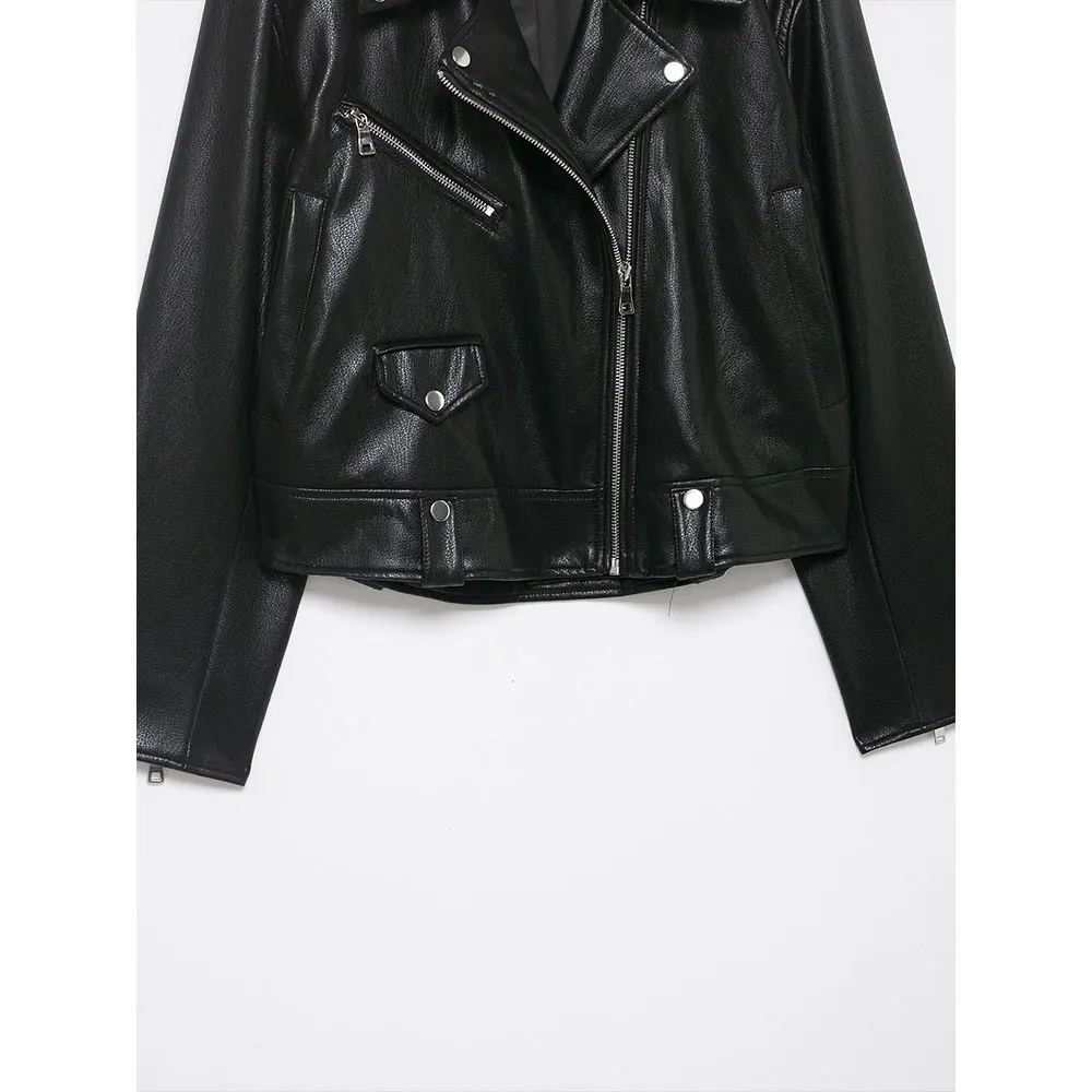 DUOPERI PU da donna nero con cerniera frontale giacche casual bavero collo maniche lunghe donna elegante chic abiti da donna