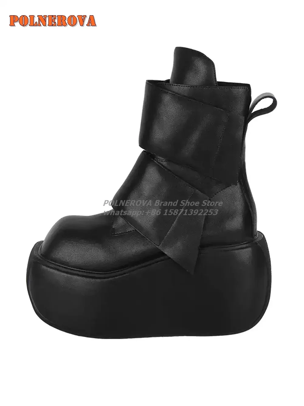 

Black Wedges Hook and Loop Ankle Boots Round Toe Platform Height Increasing Lolita Punk Mid-Calf Boots Solid Casual 2024 Trend