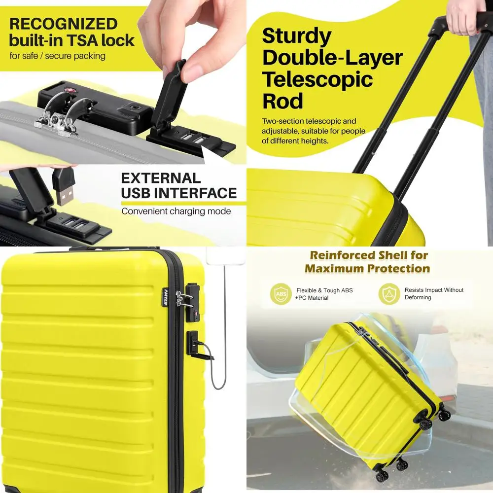 

21 Lightweight Hardside ABS Carry-On Luggage with USB & TSA Lock, Yellow for Kids