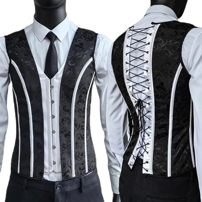 Men Black Color-Block Gothic Steampunk Corset Vest Victorian Brocade Waistcoat Fit Suit Vest For Medieval Performance Costume