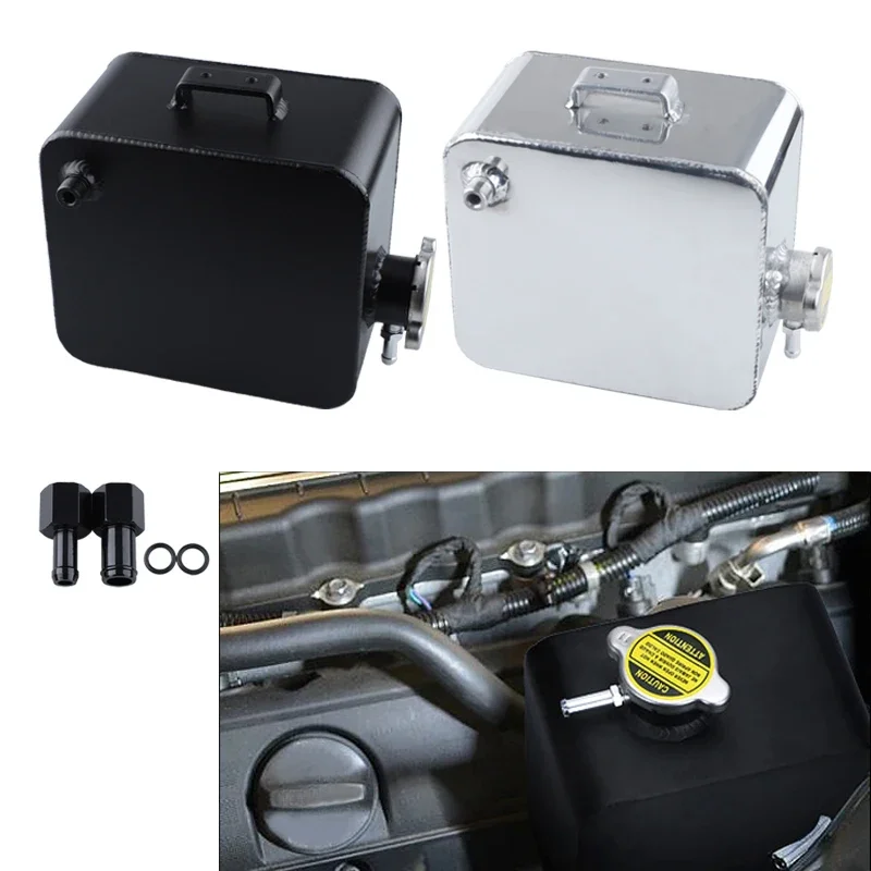 Tanque de agua de expansión de cabezal de aleación pulida, 2L, negro, plateado y tapa, Kit de tanque de desbordamiento de refrigerante