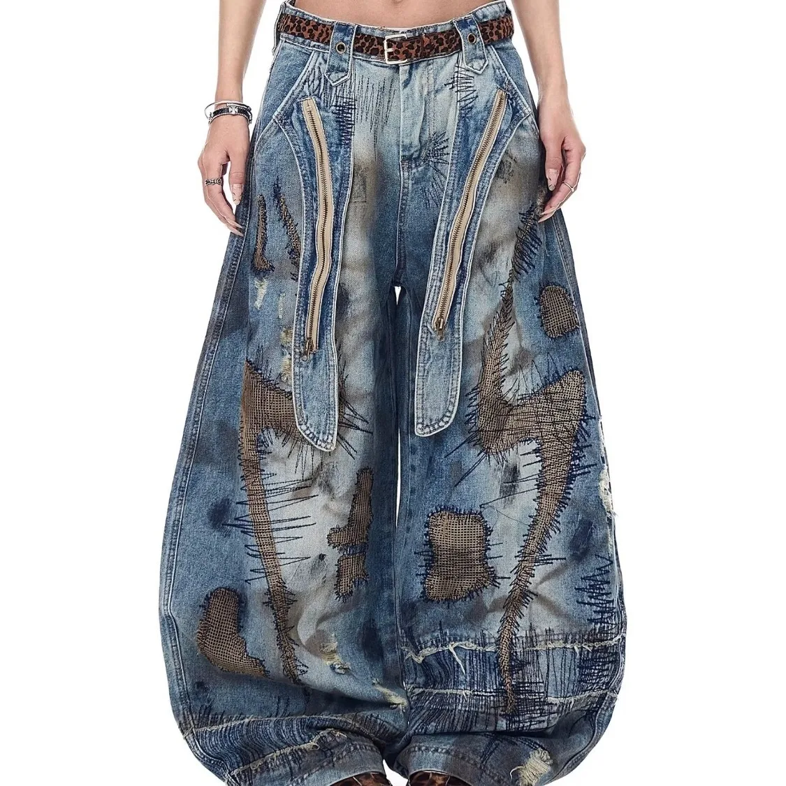 Grote maat Amerikaanse straat retro gewassen noodlijdende gebogen mes jeans wijde pijpen denim losse sikkelbroek Y2k baggy jeans vrouw