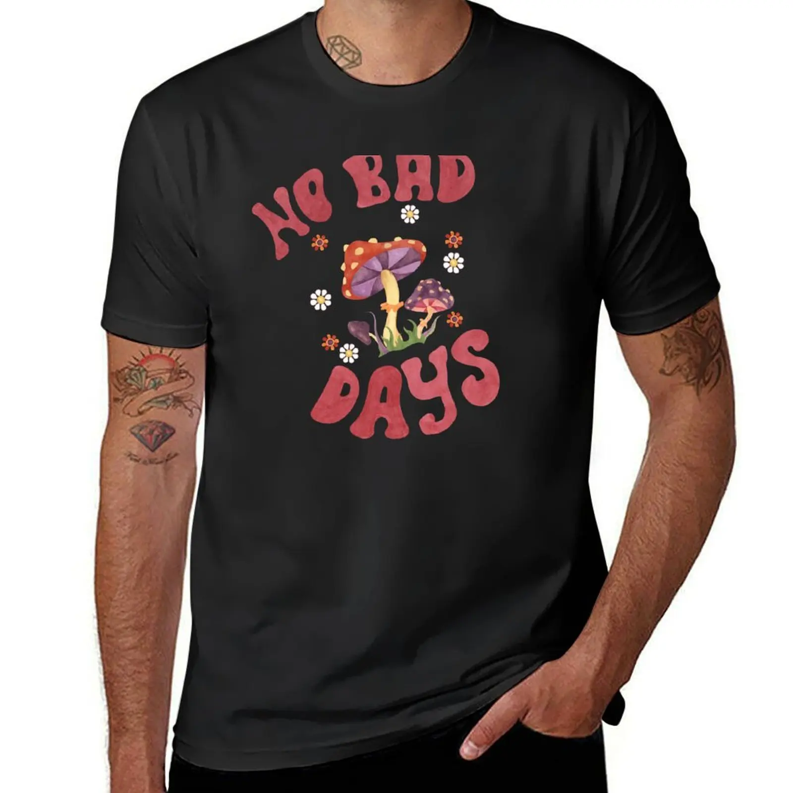 No bad days text quote and mushrooms 70s style. Hippie indie aesthetics nostalgic clipart. Watercolor groovy design T-Shirt