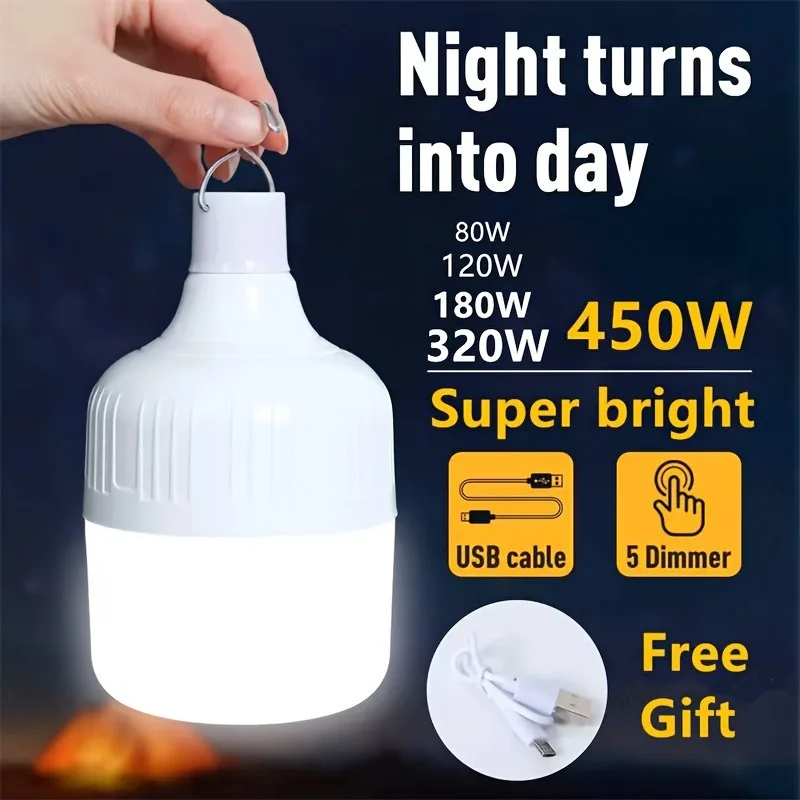 Rechargeable LED Lamp Bulb Dimmable LED Light Bulb, 5 Lighting Modes USB Rechargeable Hanging Tent Light, Portable Emergency