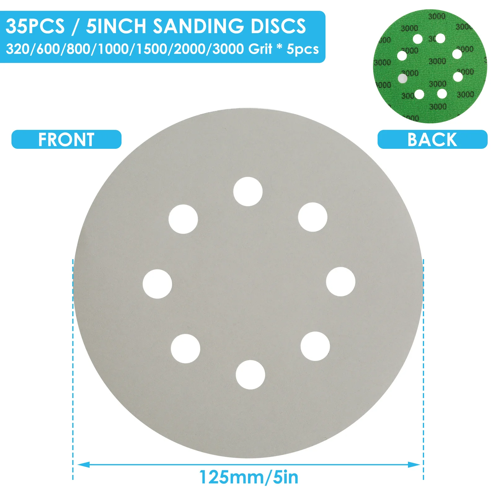 36PCS 5 inch Sanding Discs 8 Hole Hook Loop Sandpaper 320 Grit -3000 Grit Sanding Paper Sanding Disc Abrasive Polishing Tools