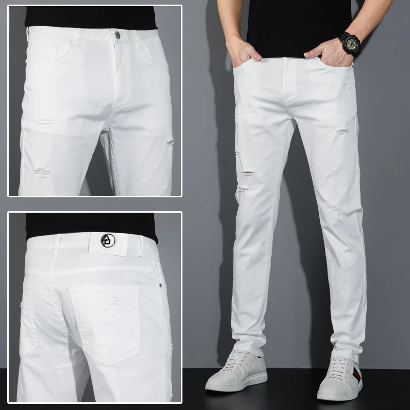 

High Street Fashion Brand White Jeans Hole Patch Elastic Slim Fit Pleated Mens Jeans Skinny Solid High Quality Denim Trousers