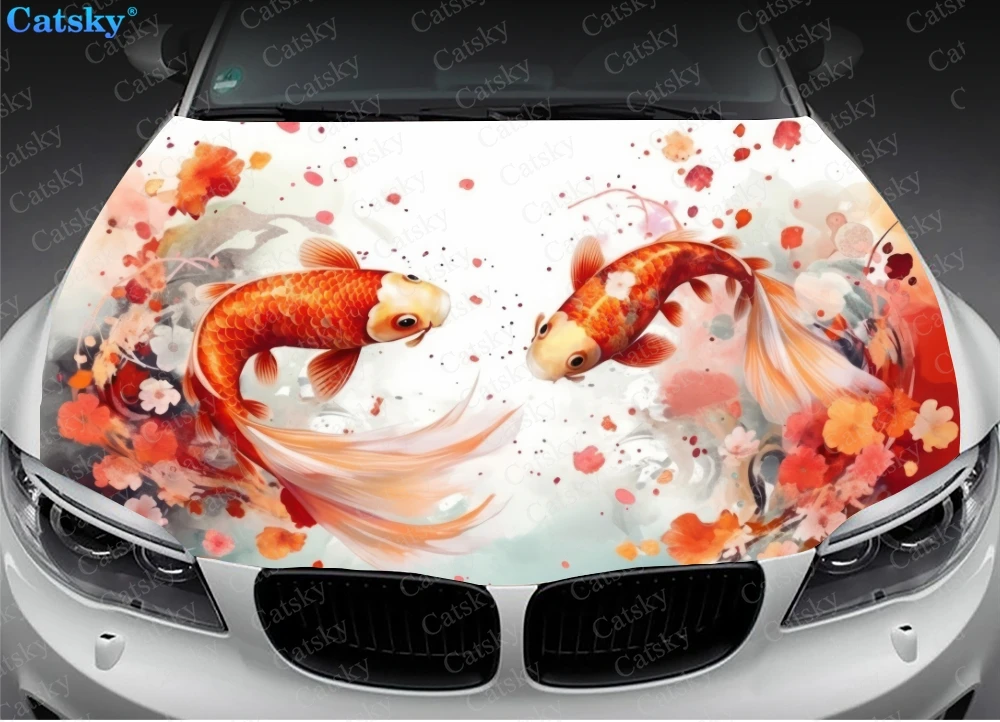 Sakura and Fish Car Hood Vinyl Stickers Wrap Vinyl Film Engine Cover Decals Sticker Universal Car Hood Protective Film