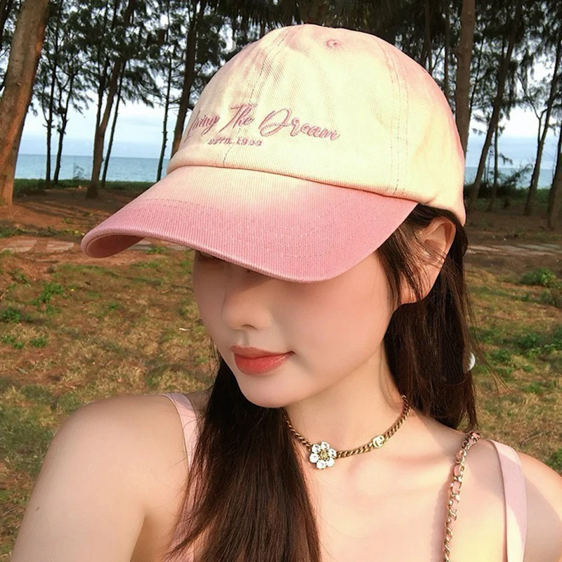 Women Men Baseball Cap, Vintage Denim Hat Embroidery Letters Gradient Color Adjustable Sun Visor Hat