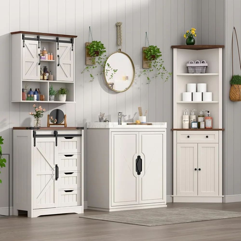 Tall Corner Bathroom Storage Cabinet with Small Drawer for Bathroom, Kitchen, Living Room, Rustic Style Cabinet, White