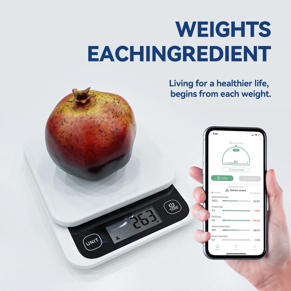 0-1kg/0.1g, 1-5kg/1g, balances de cuisine intelligentes Balance de calories alimentaires LCD Balance de cuisine numérique Balance de cuisson avec application