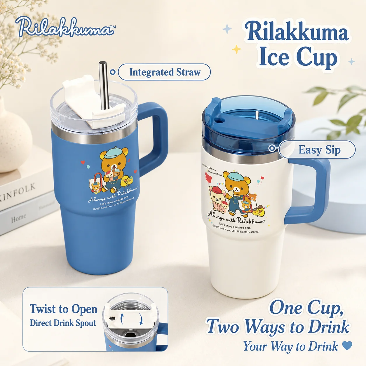630ml Cute Rilakkuma Stainless Steel Tumbler Insulated Water Cup With Straw Handle Leakproof Car Travel Thermal Mug