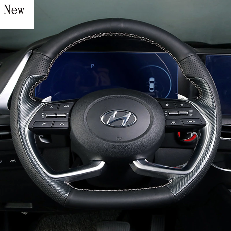 

For Hyundai Elantra 2021 High-quality Customized Hand-Stitched Leather Carbon Fibre Car Steering Wheel Cover Car Accessories