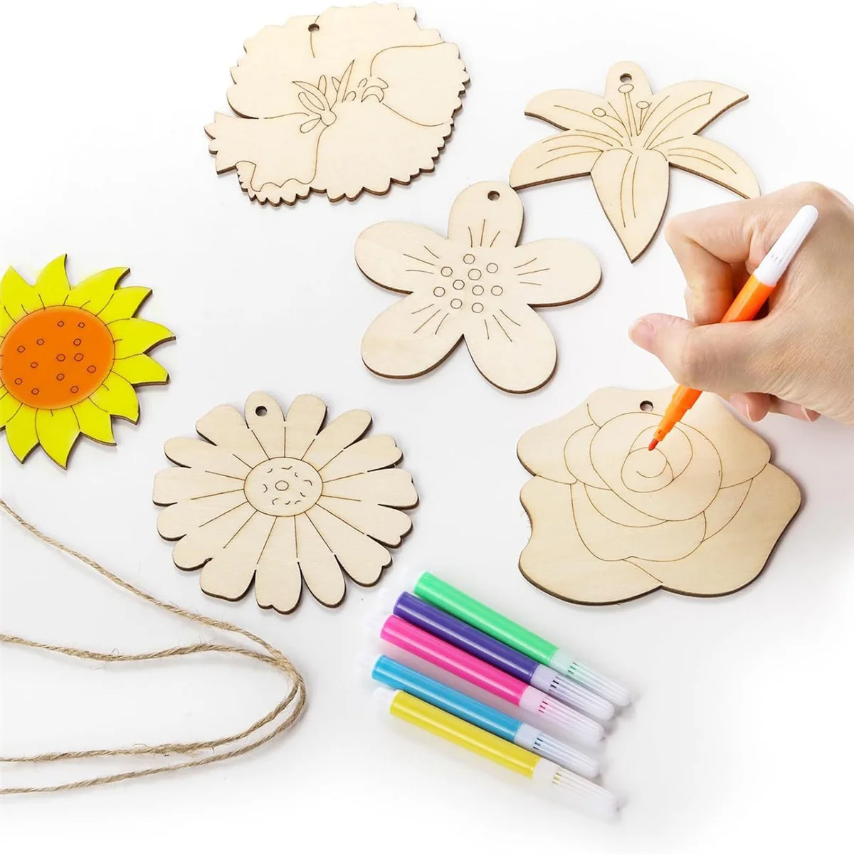 60 Pieces Wooden Flower Cutouts 3 Inch Unfinished Wood Flower Cutouts Slices Blank Wooden Flower Shape Ornaments Flower