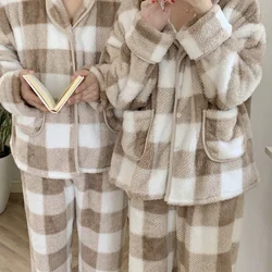 Couple Sleep Set Pajamas Plaid Warm 2PCS Home Clothes Women Flannel Lapel Nightwear Casual V-Neck Pyjamas Sleepwear With Buttons