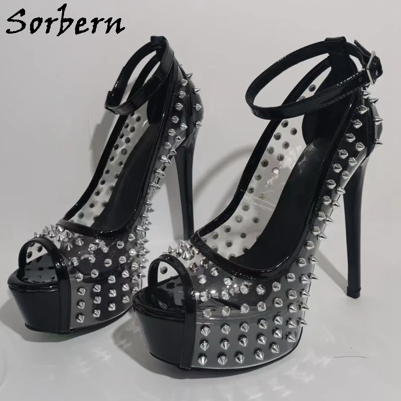 Sorbern Black Transparent Women Pump Shoes Rivets Ankle Strap Open Toe Platform Heels Crossdresser Party Shoe Size EU33-48