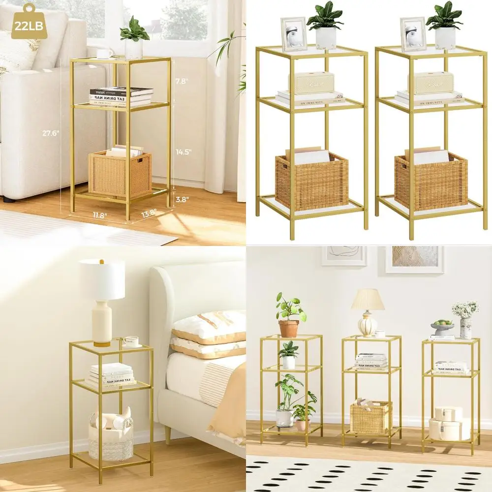 

Комплект из 2 современных приставных столиков с закаленным стеклом и полками для хранения, для гостиной и спальни, в золотистой отделке