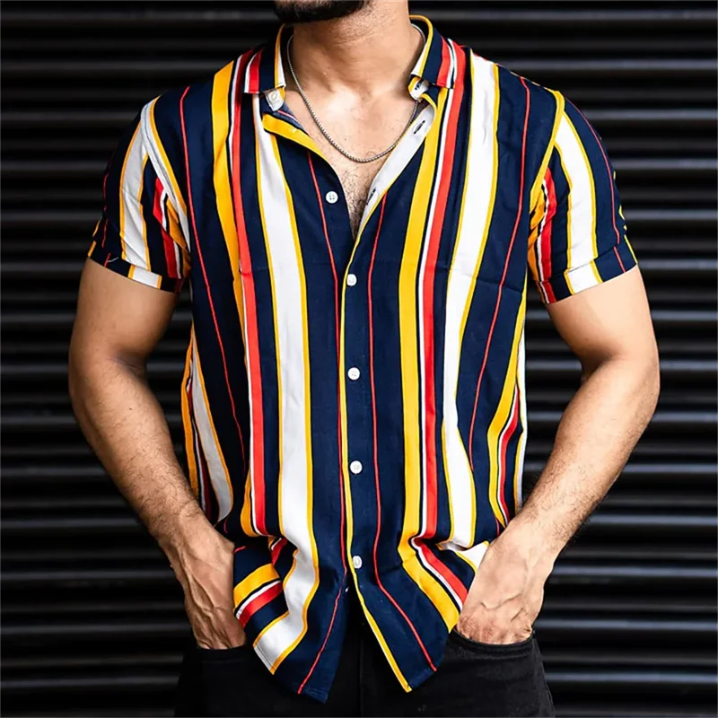 Hawaii Shirts For Men Summer Casusal Striped Print Shirt Short Sleeve Oversized Street Mens Designer Clothing Camisas De Hombre