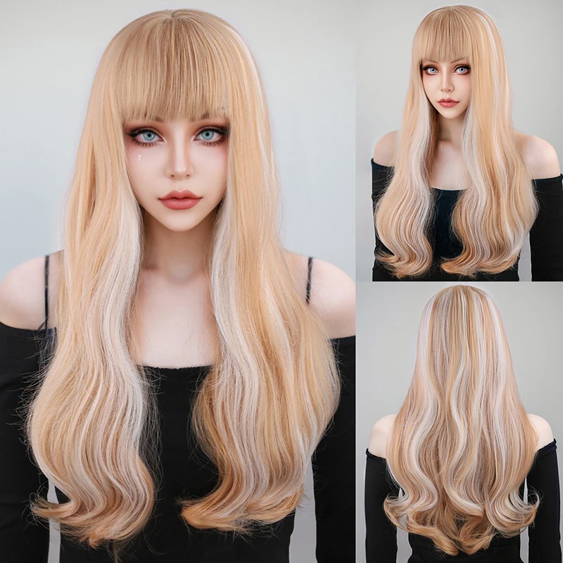 

Headset, European and American style, high-temperature silk, ladies' bangs wig, golden long wave synthetic fiber wig