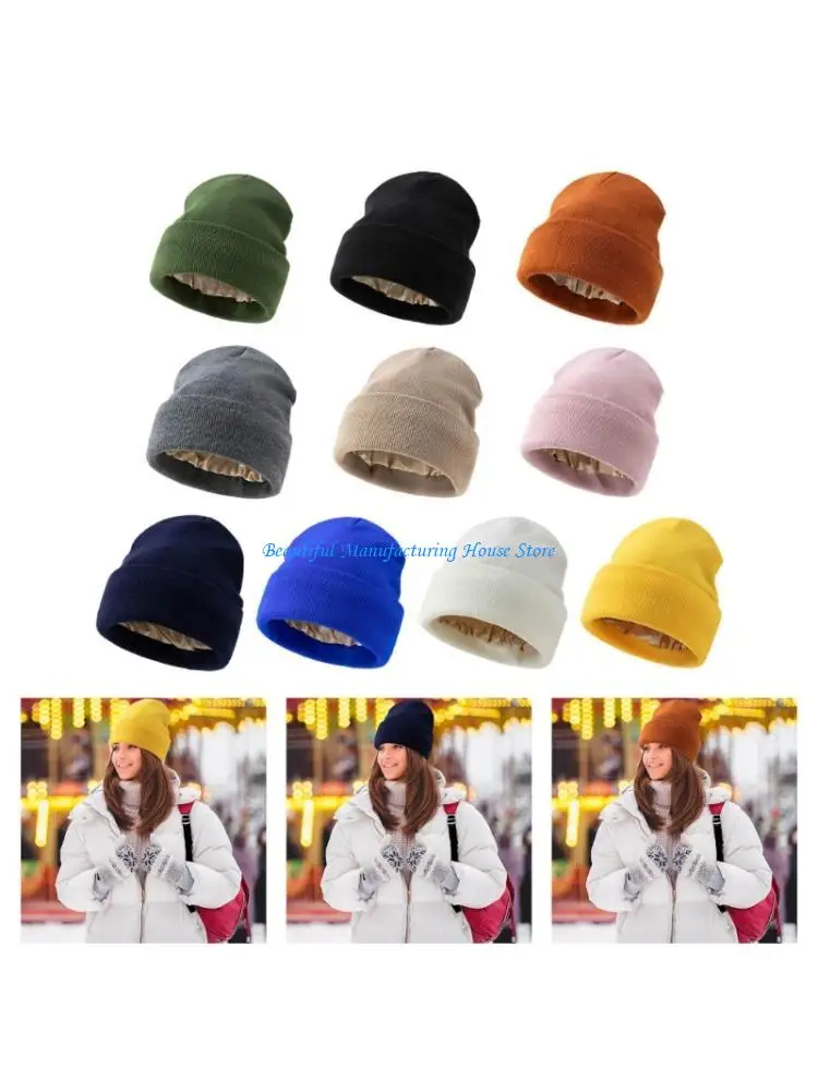 

E56A Stretchy Big Head Winter Satins Finish Unisex Casual Knit Hat Adults