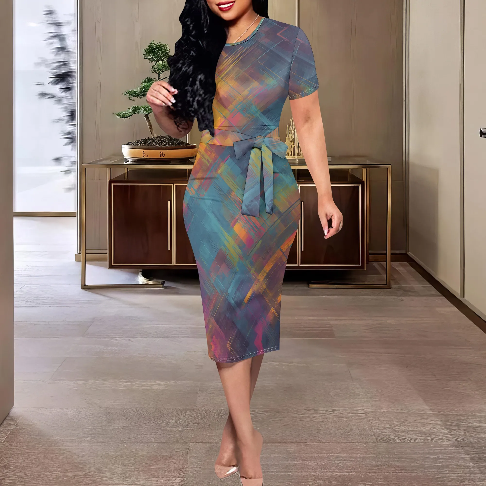 

Colorful Abstract Plaid Midi Dress XS-3XL Short Sleeve Belted Style for Creative Office, Art Event or Fall Streetwear
