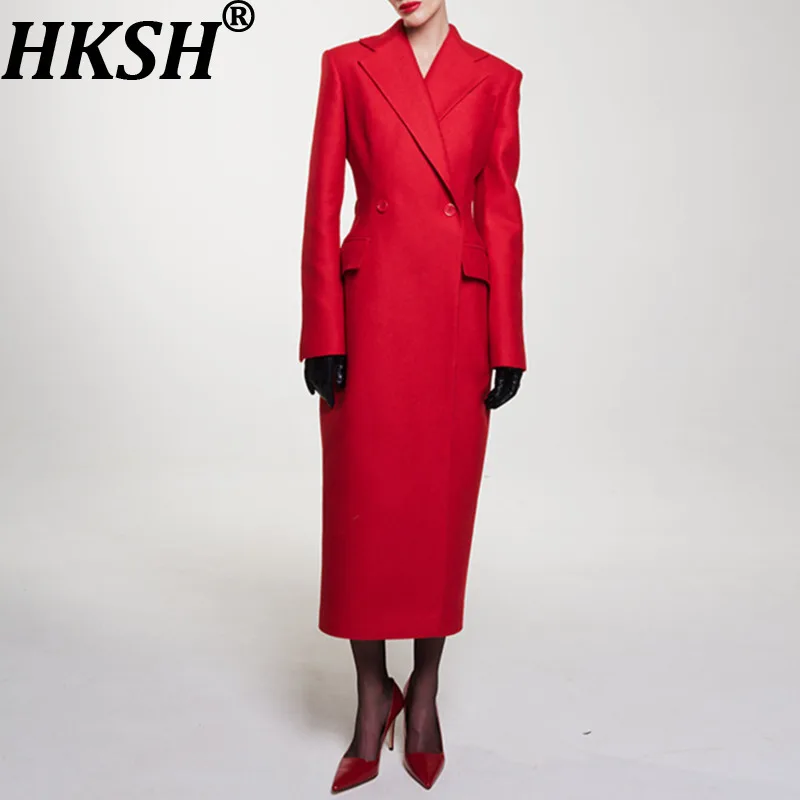 HKSH Women Elegant Long Blazer Solid Color Double Breasted Waist Cinching Slim Fit High-End Trend Trench Coat New Spring HK19933