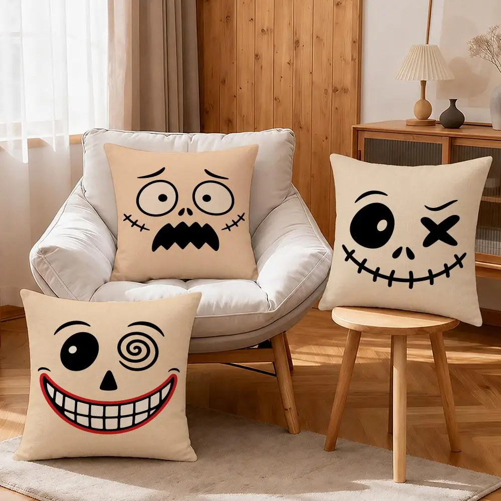 Pattern Spooky Smile Faces Cushion Cover Linen Anti-Mite Antibacterial Cushion Cover Invisible Zipper Sofa Decor