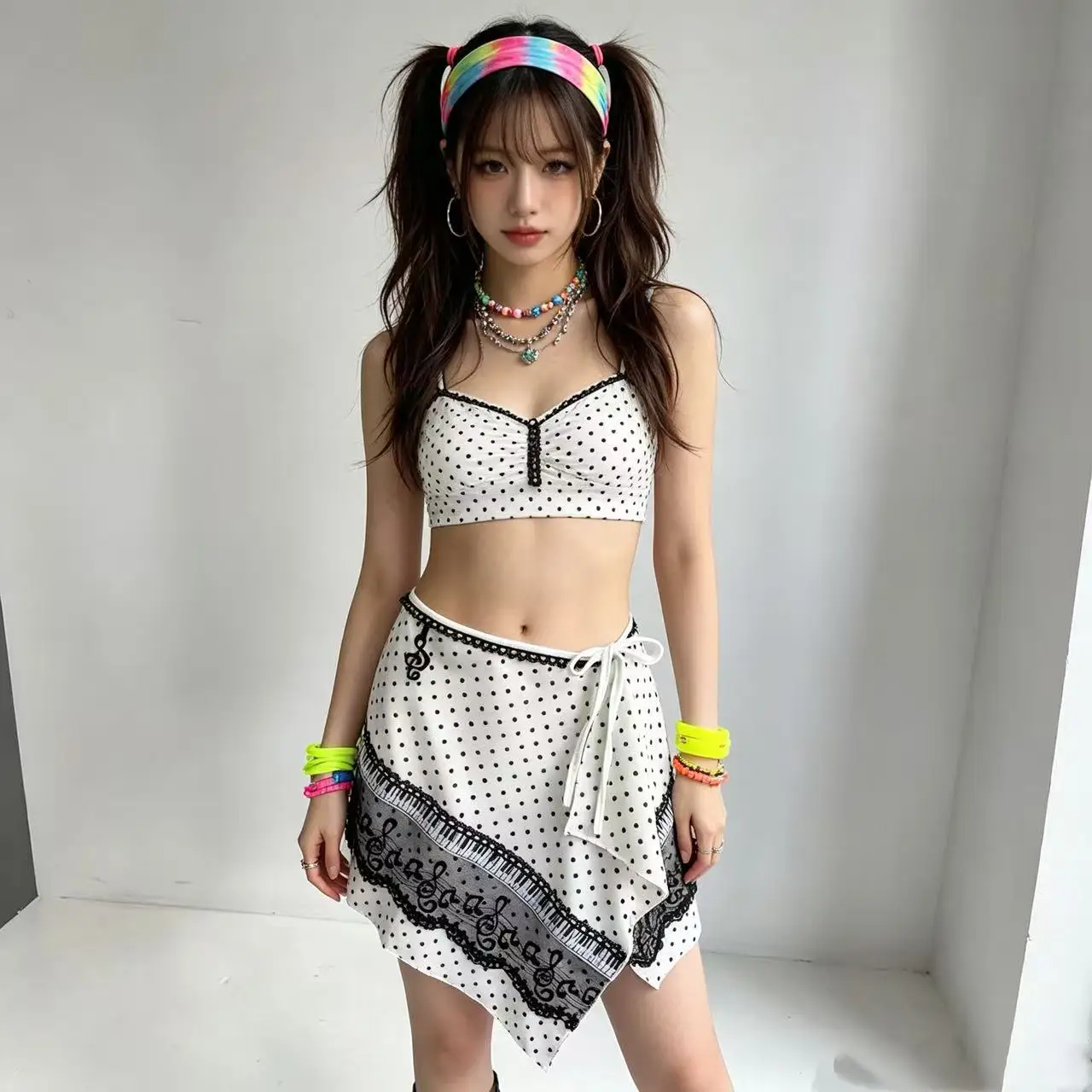 Kawaii Musical Note Piano Print Wrap Mini Skirt Japanese Lolita Polka Dot Skirt Women Sweet Coquette Y2K A-Line Short Skirt