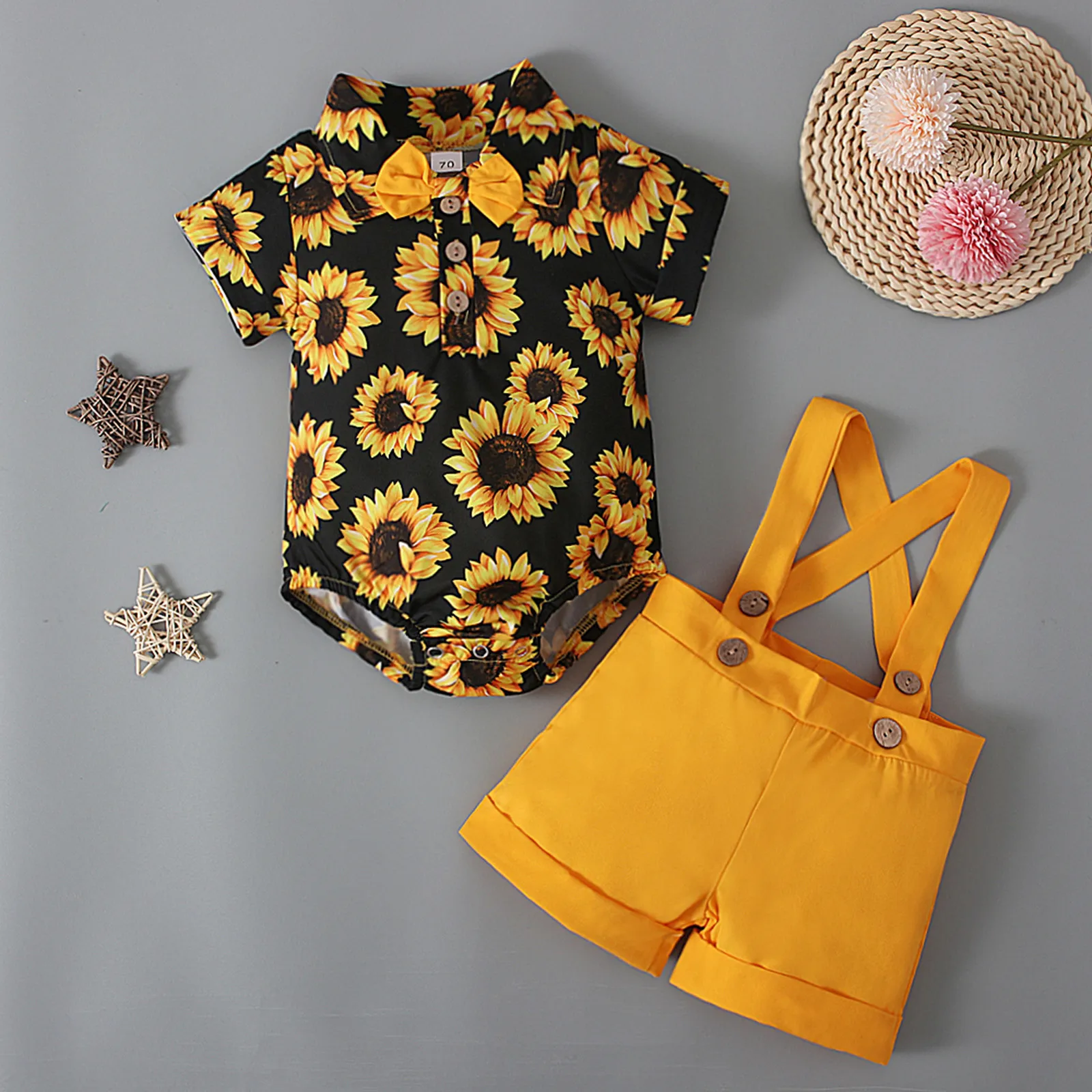 Toddler Baby Boys Summer Clothes Set Sunflowers Print Romper Bodysuit+Solid Overalls Shorts 2 Piece Set Infant Outfits 0-24M