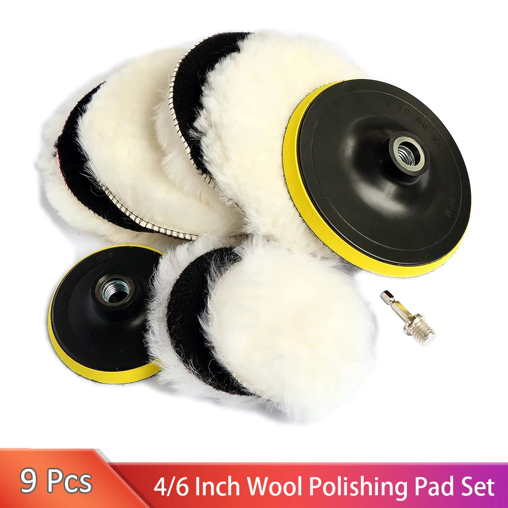 

9Pcs 4/6 Inch Natural Wool Polishing Buffing Pad Set Polishing Buffing Wheel for Car Body Repair Polishing and Waxing