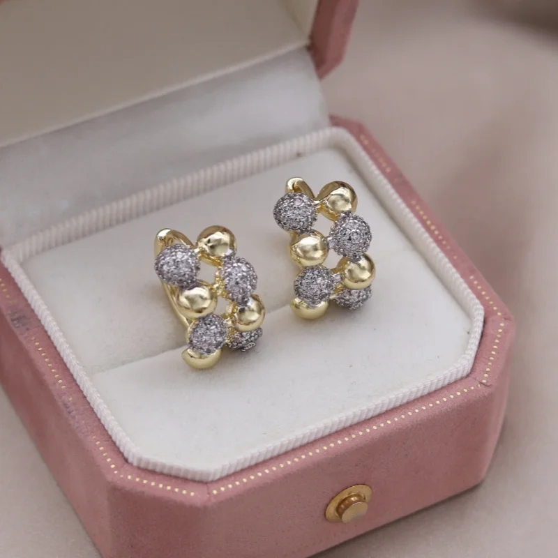 Korean new design fashion jewelry two-color plated zircon ball metal hoop earrings elegant women's daily work accessories