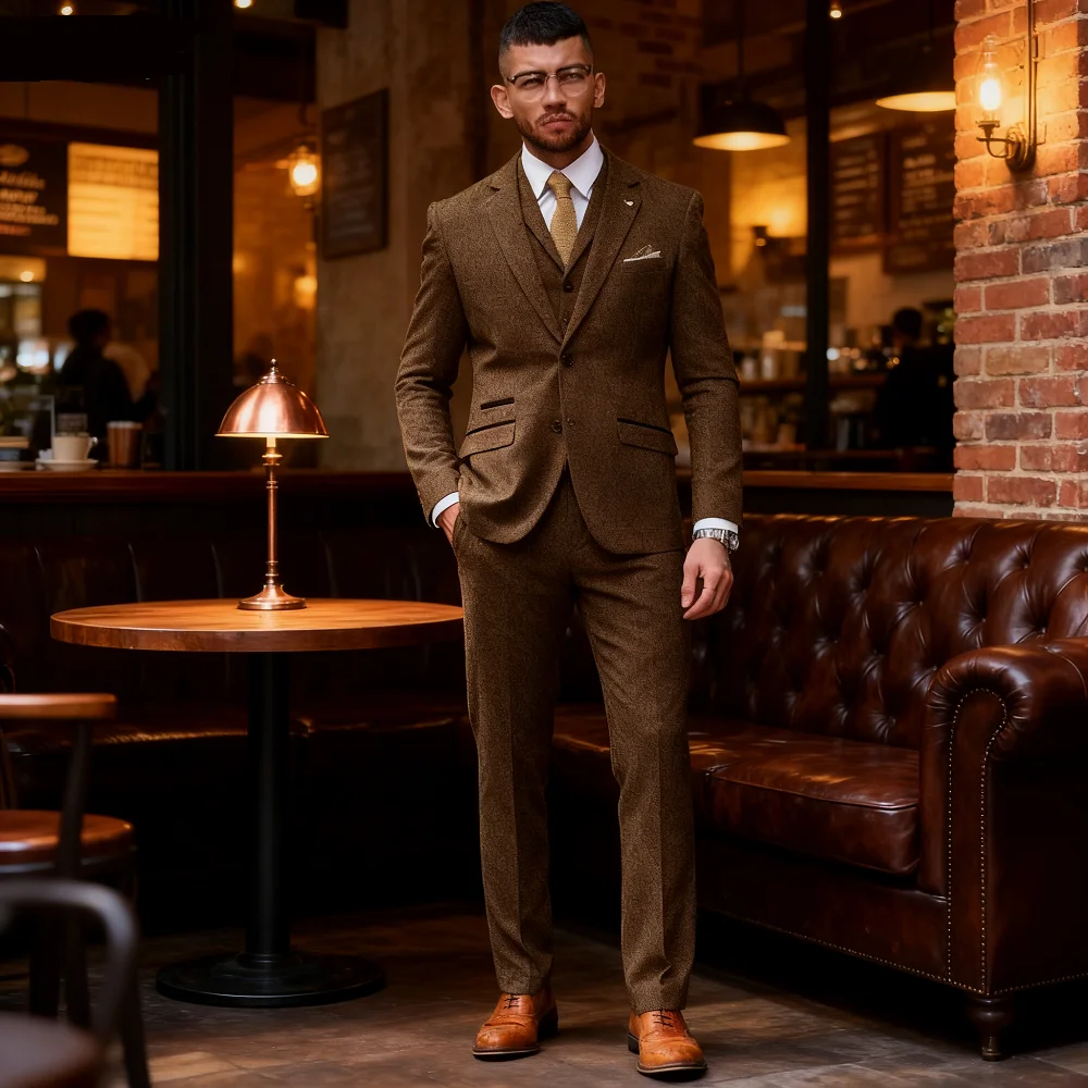 

Мужской облегающий костюм из трех предметов с узором «елочка», твидовый костюм для курения, повседневный деловой костюм Ternos, свадебный пиджак, брюки, жилет из смеси шерсти