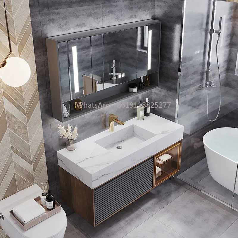 sink with intelligent LED lights  mirror Luxury golden grey series wholesale bathroom vanity cabinets wash basin double