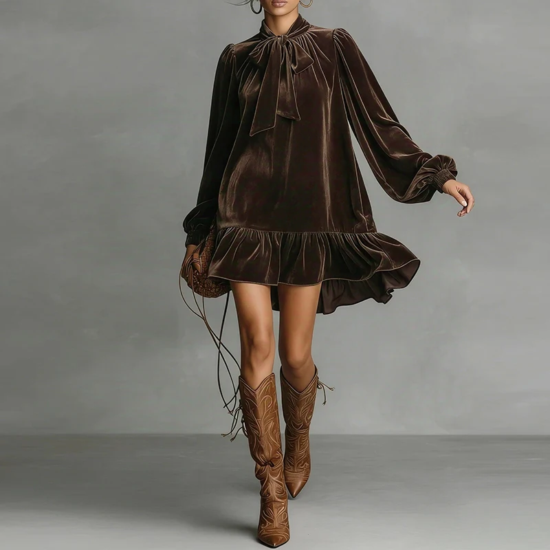 Damska codzienna sukienka z kokardą przy dekolcie, rozkloszowana, plisowana, wiosenna sukienka mini z aksamitu w stylu retro, jesienne luźne sukienki boho z długim rękawem.