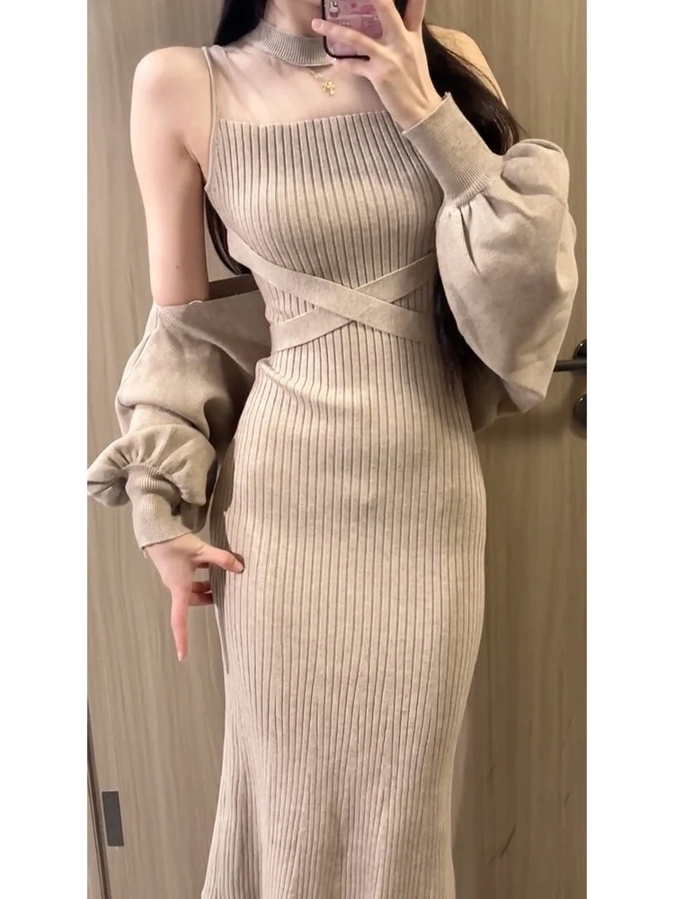 

Мягкий вязаный жилет с ветровым рукавом Dr Cover up Комплект из двух предметов Slim Fit Fi Tail Long Dr Ele Thinming Japanese Sle