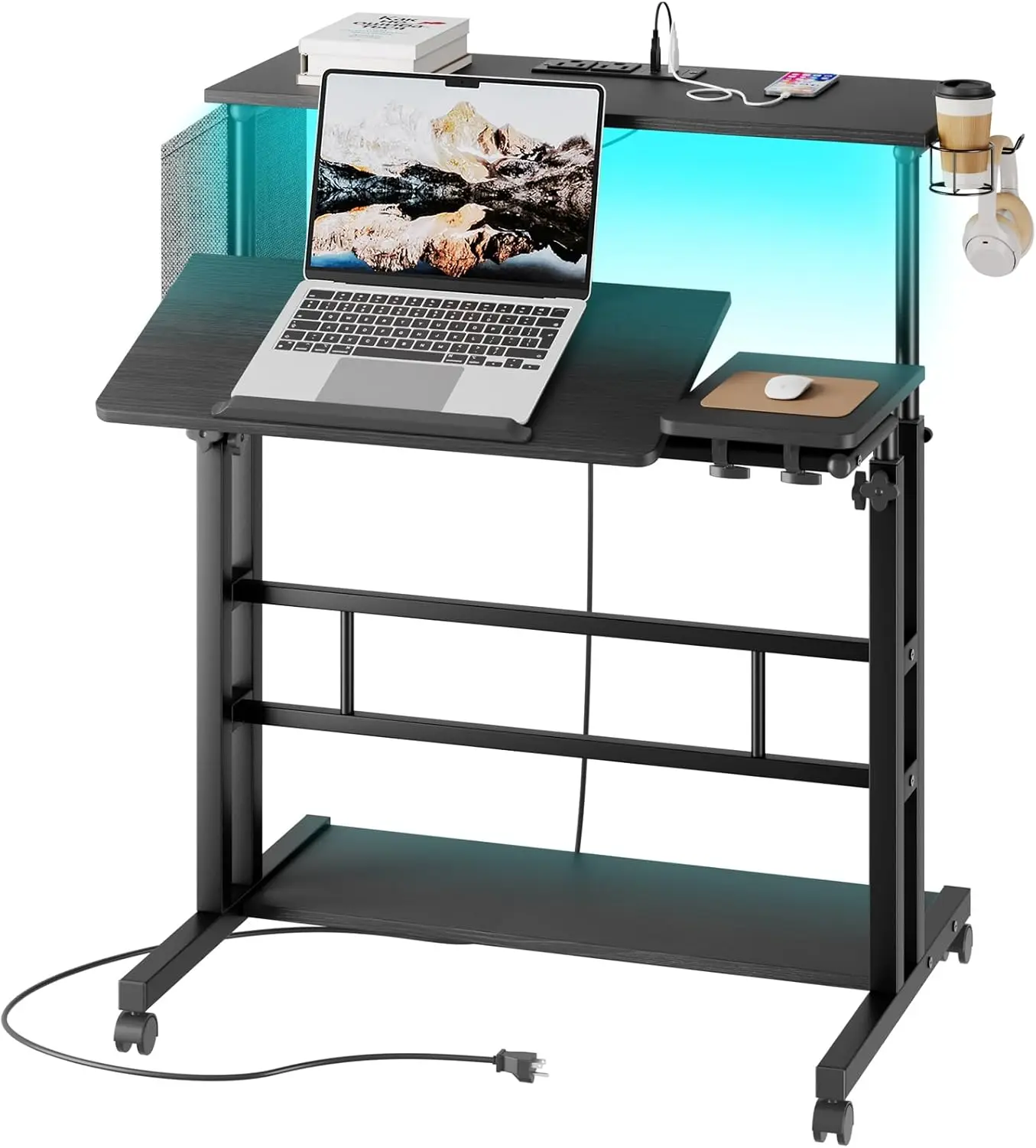 (UUX)Mobile Standing Desk with Power Outlets & Strip Lights, Rolling Computer Desk Cup Holder, Hook, Storage Bag UQ