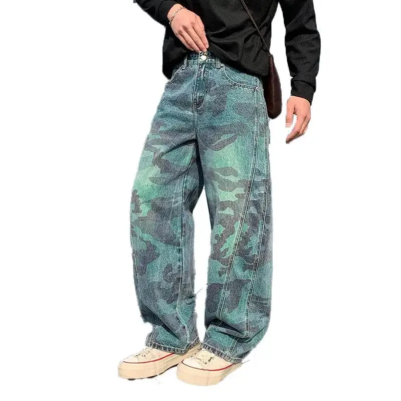 2026 New American Streetwear Style Patchwork Jeans with Contrast Color Camouflage Pattern for Men, Loose Straight Pants, High St